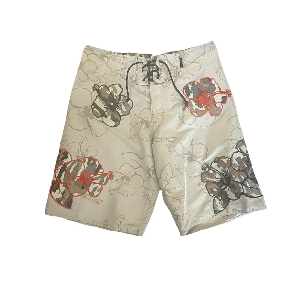 Cult Lifestyle Men's Boardshorts Size 33 Tan Floral Hibiscus Camo Swim Trunks Y2